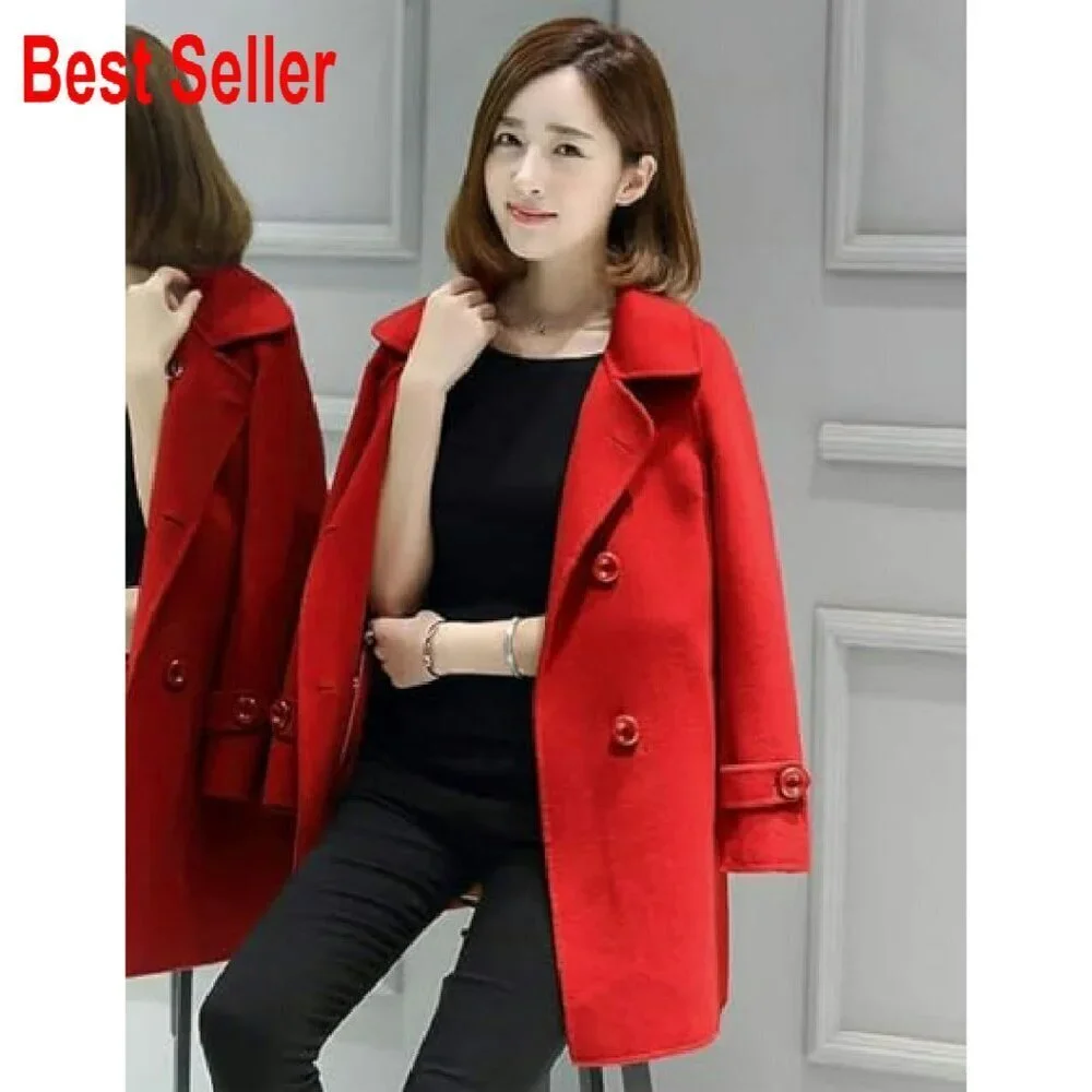 Wool Blend Peacoat Double Breasted Trench Coat Classic Elegant Fall Winter